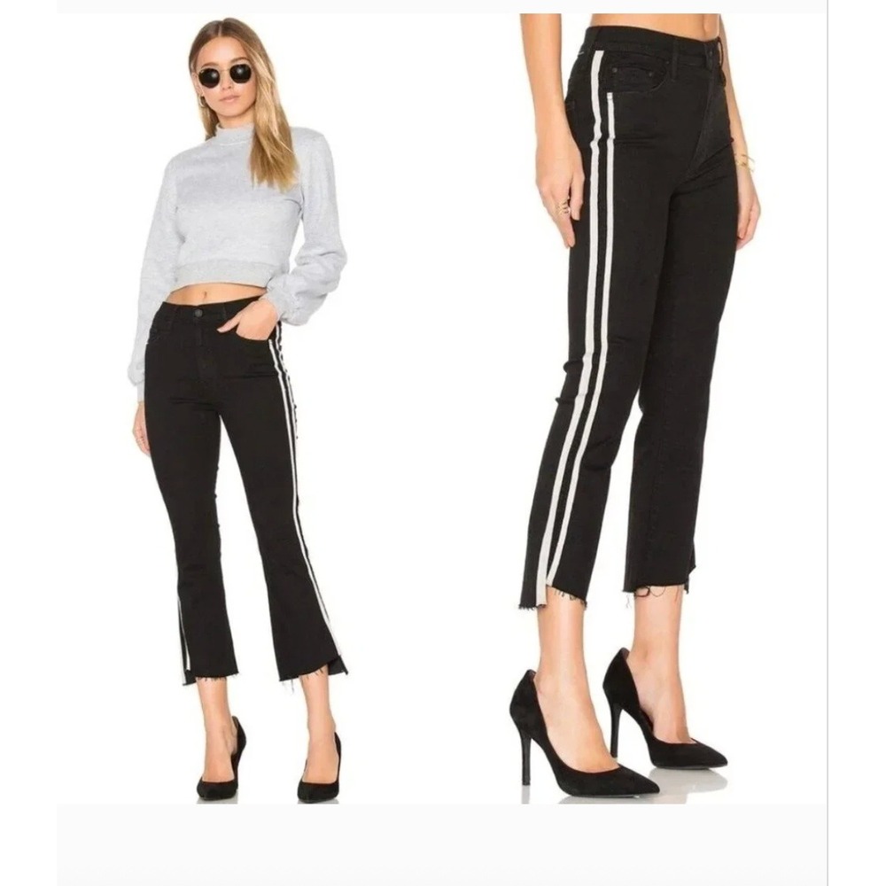 Mother High Waisted Flare Jeans Black Side Stripe Raw Hem Size‎ 26
